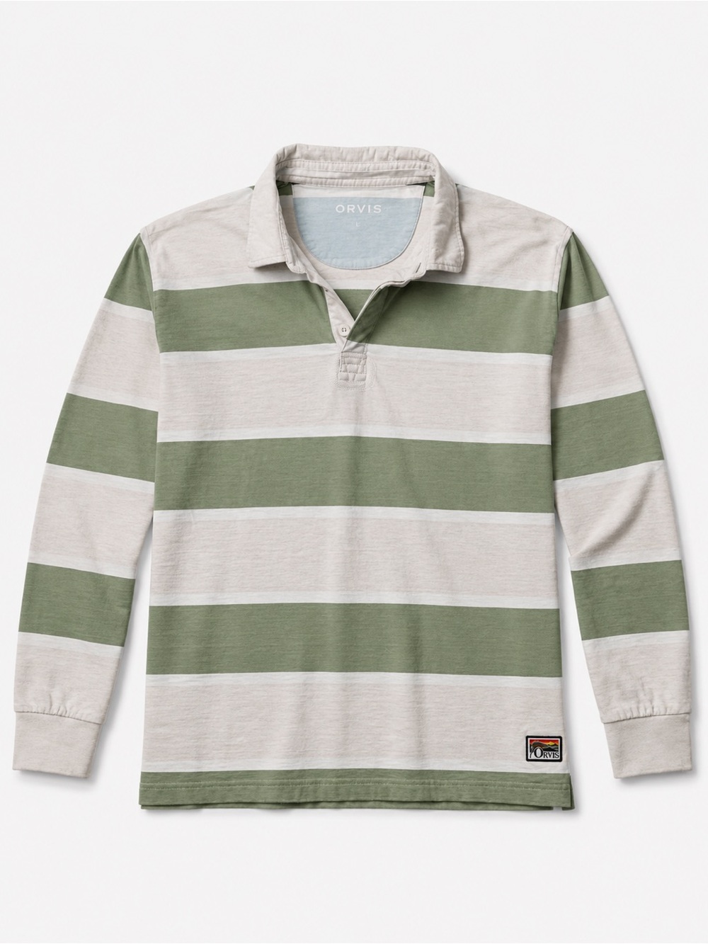 Orvis Rugby Shirt Large Green & Cream Striped Cotton Long Sleeve Rugby Polo - L